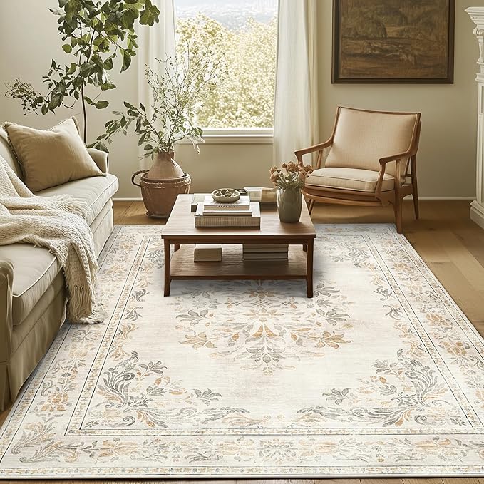 jinchan Vintage Floral 4x6 Area Rugs - Machine Washable Distressed Design Soft Ultra-Thin Low-Pile Non-Slip Carpet for Entryway Kitchen Bedroom Nursery Living Room Dining Room (4x6ft,Light Grey)-CubbioJoy