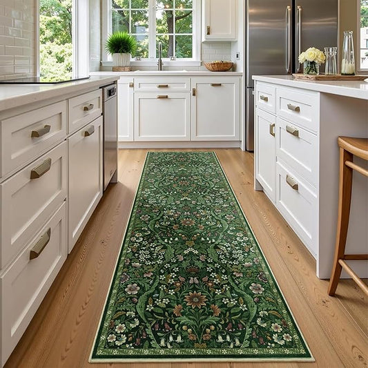 2x6 Washable Runner Rug,Dark Green Floral Boho Area Rug for Hallway,Low-Pile Non-Slip Stain Resistant Carpet for Kitchen, Bedside,Laundry Room,Entryway-CubbioJoy