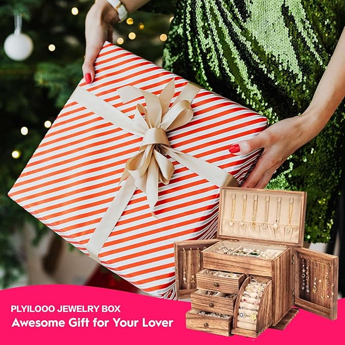Jewelry Box Organizer, Solid Wood Jewelry Boxes for Women for Storage & Display Necklace Ring Earring Bracelet, Rustic Style Jewelry Organizer Box for Women Gifts (Carbonized Brown)-CubbioJoy
