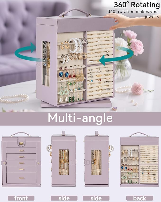 AKOZLIN 360° Rotating Jewelry Box 6-Tier Organizer Functional Jewelry Storage Case for Women Girls Ring Necklace Earring Bracelet Holder with Mirror Purple-CubbioJoy