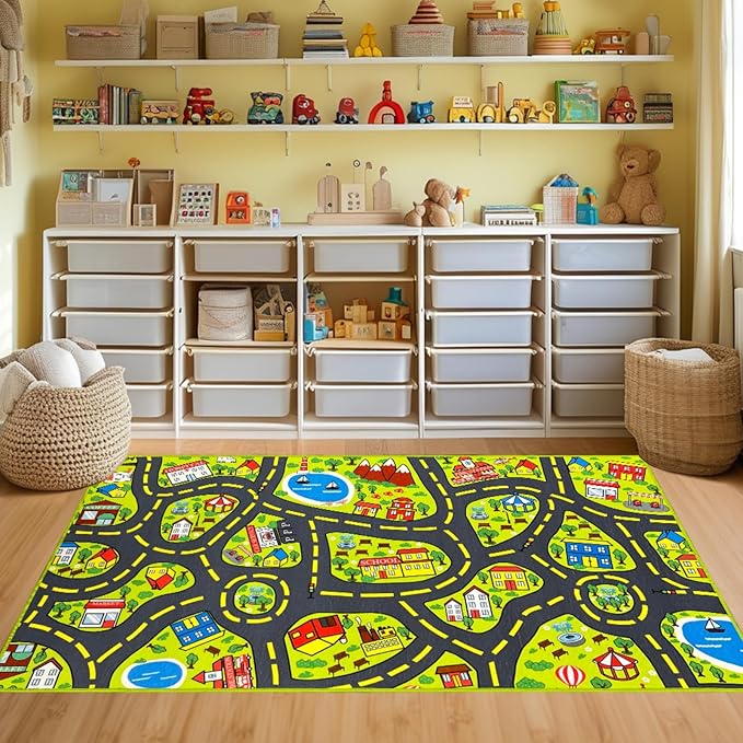 Car Rug for Kids 2.6x5 Feet - City Road Track Rug, Educational Car Floor Mats for Kid Room Playroom Games Room-CubbioJoy