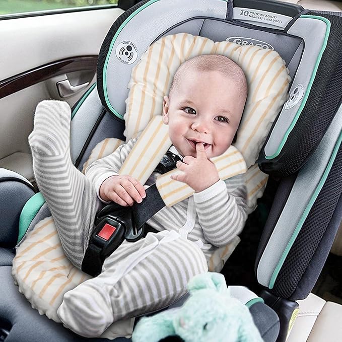 Infant Car Seat Insert, Car Seat Head Support Baby Girls Boys, Soft & Reversible Newborn Carseat Insert Cushion with 2 Strap Covers, for Stroller, Swing, Bouncer (Brown Line)-CubbioJoy
