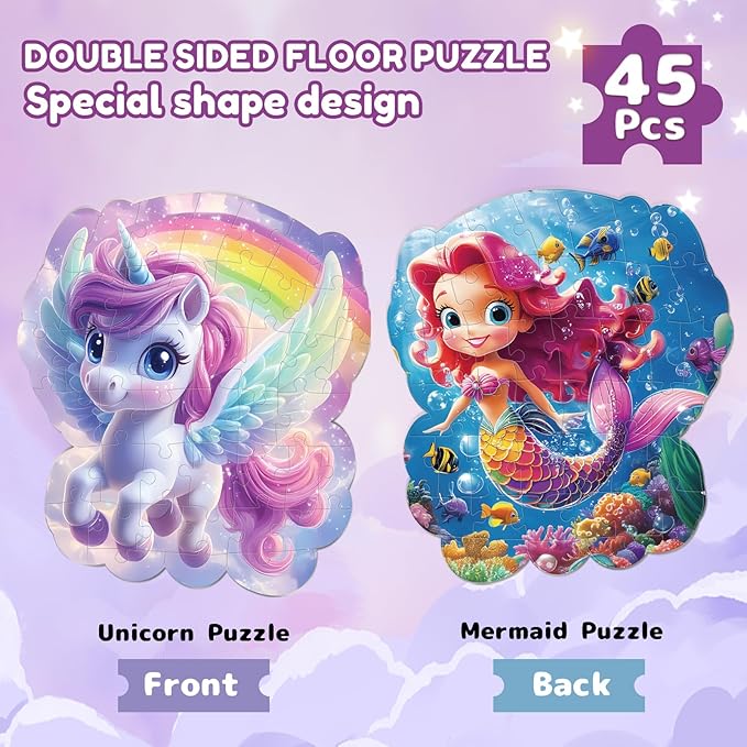 45pcs Unicorn & Mermaid Double-Sided Floor Puzzles, Ages 3-8, 27.6x32 In, Waterproof, EVA Material, Jumbo Jigsaw Puzzle, 1 Set of 45 Pieces-CubbioJoy
