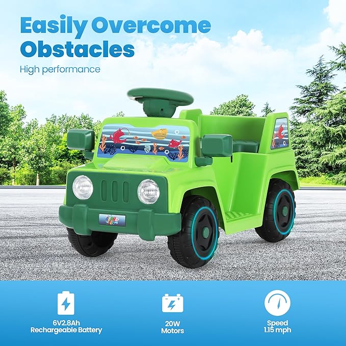 6V Toddler Ride On Car Interactive Electric Car with Horn LED Front Light Rear Storage Ocean Theme Perfect for Boys & Girls 18+ Months Safe & Fun for Little Explorers(Green Ocean)-CubbioJoy