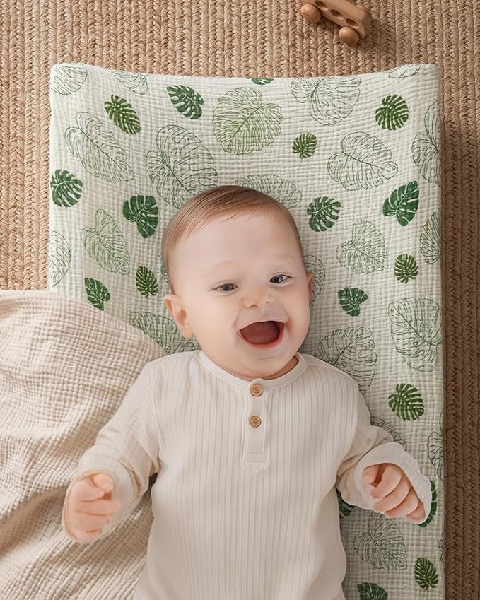 Blissful Diary Muslin Baby Changing Pad with Waterproof Lining Foam, Diaper Changing Table Pad with Cover for Dressers (Monstera, Rectangular)-CubbioJoy