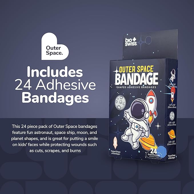 BioSwiss Bandages, Outer Space Shaped Self Adhesive Bandage, Latex Free Sterile Wound Care, Fun First Aid Kit Supplies for Kids and Adults, 24 Count-CubbioJoy