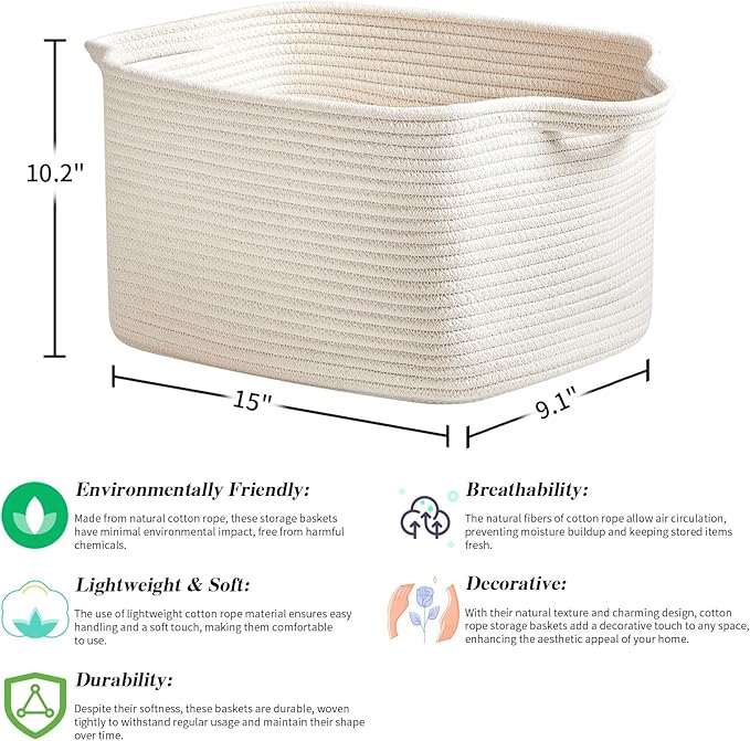 3 Packs Cotton Rope Woven Basket With Handles for Shelves -15"*10.2"*9.1"(White)-CubbioJoy