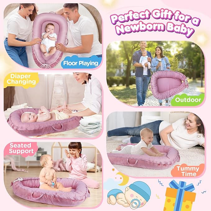 Baby Lounger - Baby Lounger for Newborn 0-24 Months, Breathable & Soft Cotton and Velvet Cover Baby Nest, Portable Tummy Time Lounger for Home and Travel, Ideal Baby Essentials & Shower Gifts-CubbioJoy