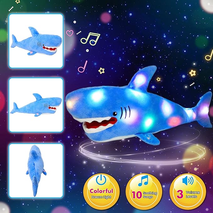 Cuteoy Light-up Singing Plush Shark LED Musical Stuffed Animal Adjustable Volume Lullaby Plushies Birthday Christmas Toy Gifts for Kids Toddler Girls, 13"-CubbioJoy