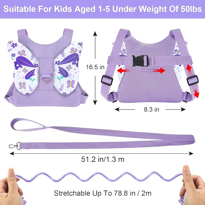 Accmor Toddler Harness Leash, 3 in 1 Cute Butterfly Kids Leash + Anti Lost Wrist Link for Outdoor Travel, Adorable Child Walking Harness Wristband Assistant Mini Strap Belt Protector for Baby Girls-CubbioJoy