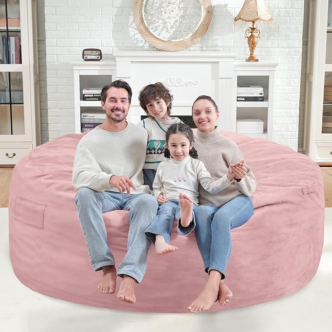 6FT Bean Bag Chair, Large Bean Bag Chairs with Memory Foam Filled, Fluffy Beanbag Sofa with Dutch Velvet Cover, Round BeanBag Chairs for Living Room, Playroom- Light Pink-CubbioJoy