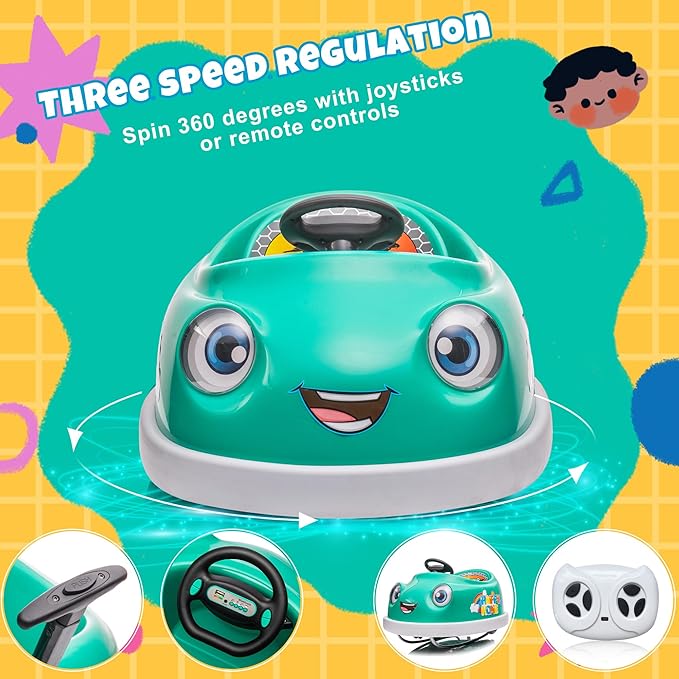 12V Dual Battery Electric Ride on Kids Bumper Car w/Remote Control,360 Degree Spin,Push Rod Rocker Horse Function,3-Speeds Babies & Toddlers Bumping Car Ride on Toy Gift for 1-4 Years Children（Green）-CubbioJoy