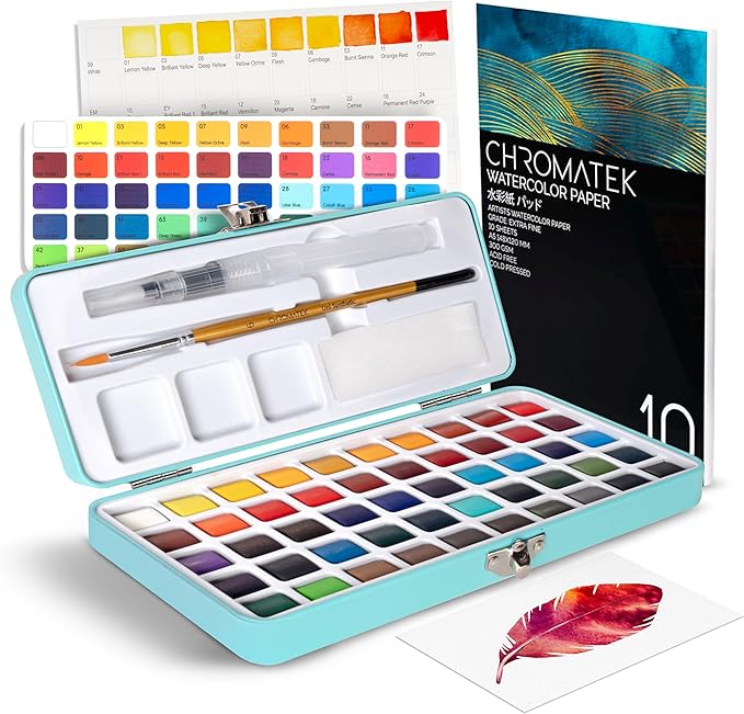 CHROMATEK Watercolor Paint Set – 50 Vivid Colors Including Transparent, Opaque & Pastel – Art Kit with Brush, Water Pen, Palette, Color Chart, Swatch Sheets, Pad & Metal Travel Case-CubbioJoy