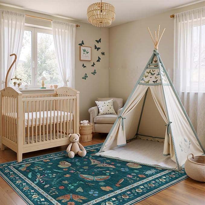 5x7 Washable Area Rug with Insect Print - Bug Rug Non-Shedding Stain Resistant Soft Carpet for Bedroom, Low Pile Ultra-Thin Machine Washable Carpet for Dining Room, Kids Nursery, Office (5'x7' Teal)-CubbioJoy