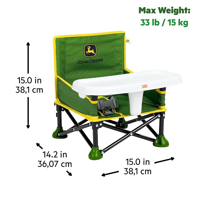 Bright Starts John Deere Pop 'N Sit Portable Booster Chair, Floor Seat, Indoor/Outdoor Use, Compact Fold, Green and Yellow, 6 Mos - 3 Yrs-CubbioJoy