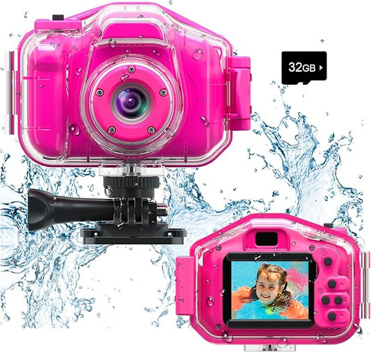 Agoigo Kids Waterproof Camera - Children Underwater HD Video Digital Camcorder, Portable Travel Toy for Toddler - Ideal Christmas Birthday Gifts for Boys Girls Age 3-12 with 32GB Card (Rose Red)-CubbioJoy