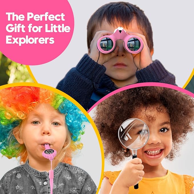 Binoculars for Kids, Toys for 3-12 Year Old Girls and Boys, Bird Watching Hiking Outdoor Learning Toy with Magnifying Glass &Compass, Birthday Easter Gifts Toys for Boy Kid Ages 3-6 (Pink)-CubbioJoy