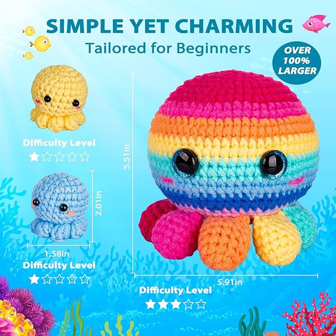 Crochetta Crochet Kit for Beginners, Crochet Kit Step-by-Step Video Tutorials, Crochet Starter Kit Learn to Crochet Kits for Adults Kids Beginners, Jumbo 3 Colorful Octopus Familly (40%+ Yarn Content)-CubbioJoy