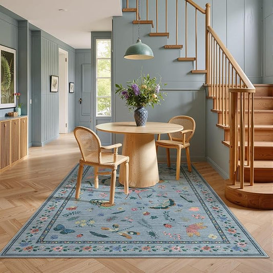 3x5 Washabl Rug with Insect Print - Bug Rug Non-Shedding Stain Resistant Soft Small Carpet for Bedroom, Low Pile Ultra-Thin Machine Washable Carpet for Nursery,Entrance, Office (3'x5' Blue)-CubbioJoy