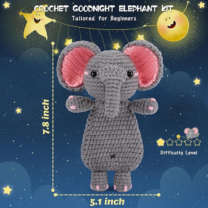 Crochet Kit for Beginners - Elephant Crochet Kits with Step-by-Step Video Tutorials, Beginner Crochet Kit for Adults, Crochet Animal Kit for Kids, Goodnight Elephant Crocheting Set (Grey)-CubbioJoy