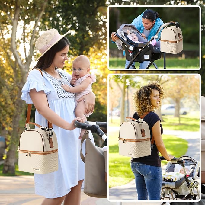 Breastmilk Cooler Bag with Ice Pack Fits 6 Baby Bottles up to 9 Ounce, Breast Milk Pump Cooler Bag with Shoulder Strap for Nursing Mom Daycare, Work, Travel- Cream-CubbioJoy