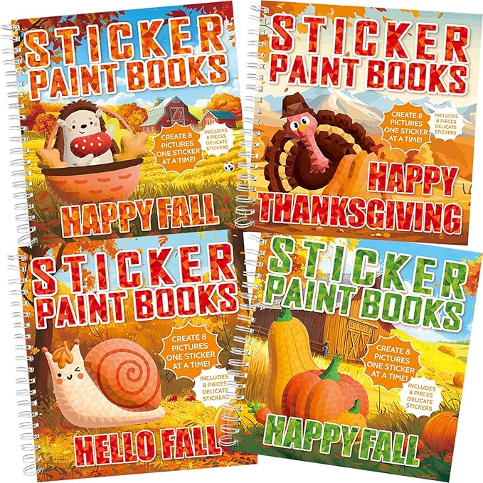 4PCS Thanksgiving Paint by Sticker Books Crafts for Kids Ages 4-8 Fall Sticker by Number Books Activity Book for Kids Age 3-5 Puzzle Book Craft Art Toddler Gift with Turkey Pumpkin 32 Pictures-CubbioJoy