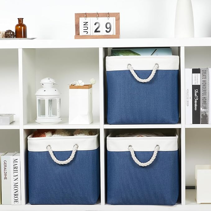 Bidtakay Large Storage Baskets for Shelves 3 Pack Fabric Storage Bins for Organizing Navy Blue Decorative Baskets Linen Collapsible Organizer for Closet-CubbioJoy