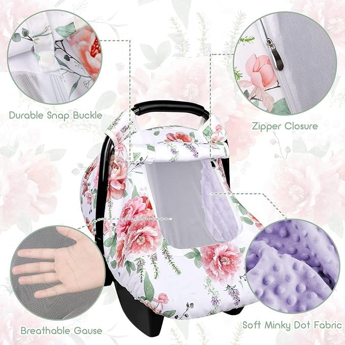 Baby Carseat Cover Girls, Pea Pod Floral Infant Car Seat Covers Canopy for Newborn with 2 Layers Windows of Breathable Mesh/Fabric, Lightweight Polyester/Minky Dot Backing, Snug Fit Most Baby Car Seat-CubbioJoy