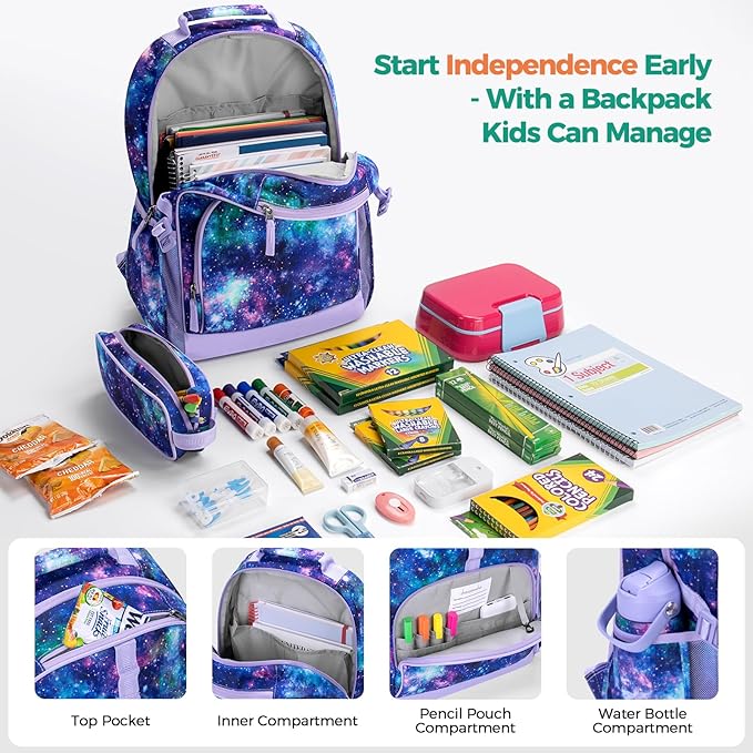 Choco Mocha Galaxy Backpack for Girls, Elementary School Backpack for Girls Ages 6-8 Kids Kindergarten Backpack Large Bookbag 18 Inch with Chest Strap, Purple-CubbioJoy