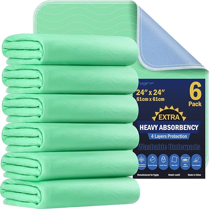 6 Pack 24” x 24” Extra Heavy Absorbency Washable Underpads, Waterproof Nursing Pads Incontinence Bed Pads, Reusable Washable Pee Pads for Dogs, Diaper Changing & Adults, Washable Puppy Pads-CubbioJoy