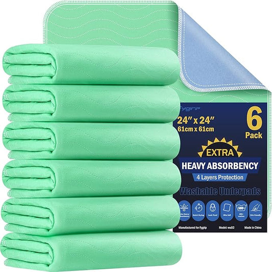 6 Pack 24” x 24” Extra Heavy Absorbency Washable Underpads, Waterproof Nursing Pads Incontinence Bed Pads, Reusable Washable Pee Pads for Dogs, Diaper Changing & Adults, Washable Puppy Pads-CubbioJoy