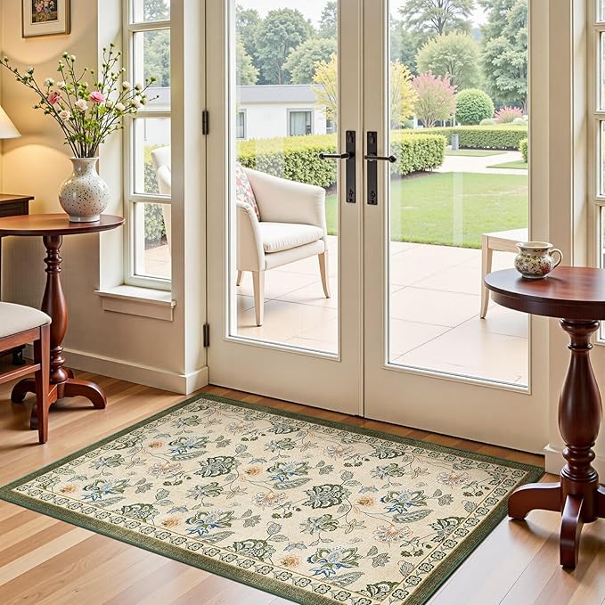 jinchan 3x5 Floral Rug for Entryway Washable Kitchen Rug Vintage Romance Design Small Mat Non Slip Indoor Doormat Lightweight Low-Profile Throw Carpet for Entrance Bathroom Laundry Room, Green/Beige-CubbioJoy