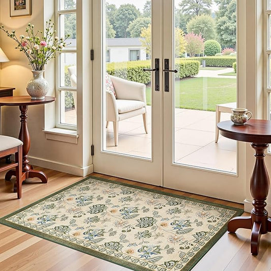 jinchan 3x5 Floral Rug for Entryway Washable Kitchen Rug Vintage Romance Design Small Mat Non Slip Indoor Doormat Lightweight Low-Profile Throw Carpet for Entrance Bathroom Laundry Room, Green/Beige-CubbioJoy