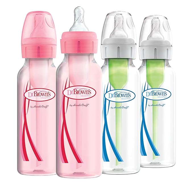 Dr. Brown’s Natural Flow® Anti-Colic Options+™ Narrow Baby Bottles, 8 oz/250ml, with Level 1 Slow Flow Nipple, 4 Pack, Pink/Clear-CubbioJoy