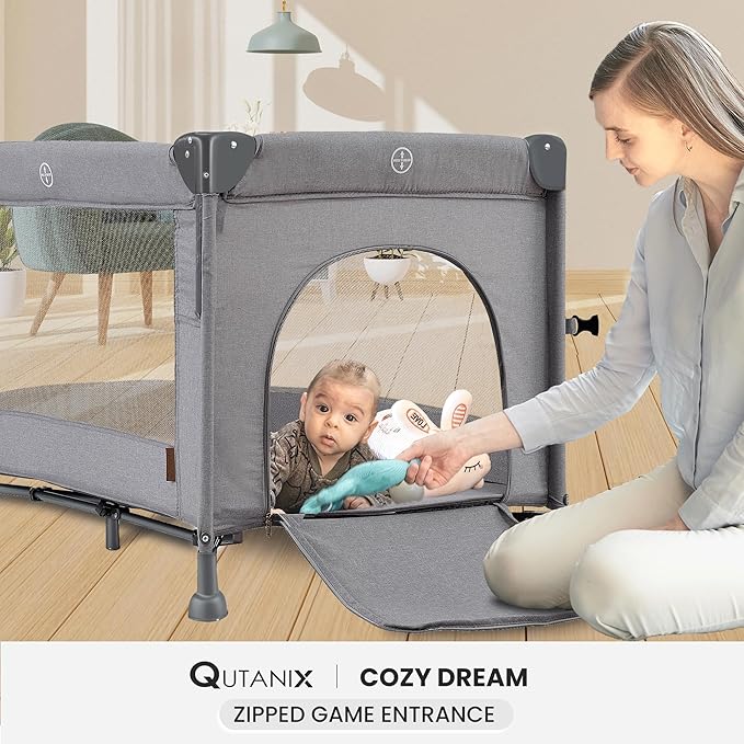 2-in-1 Baby Playard, Pack and Play Bassinet, Easy Folding Portable Crib with Music Mobile for Newborn to Toddlers (Grey)-CubbioJoy
