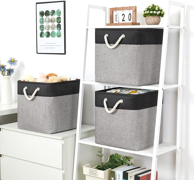 Bidtakay Fabric Cube Storage Bins for Organizing 13x13 Large Storage Baskets Decorative Storage Bins for Home Storage Set of 3 Shelf Organizer Bins for Toy Storage (Black&grey)-CubbioJoy