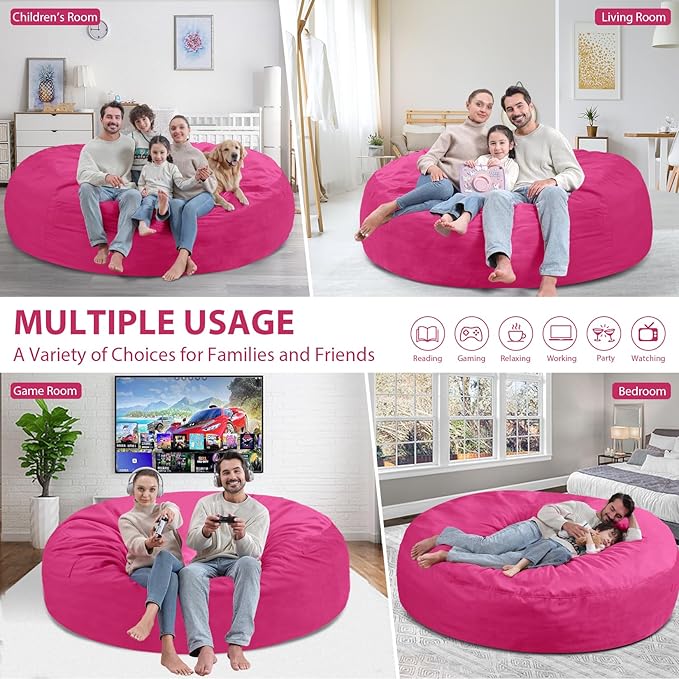 7FT Bean Bag Chair, Large Bean Bag Chairs with Memory Foam Filled, Fluffy Beanbag Sofa with Dutch Velvet Cover, Round BeanBag Chairs for Living Room, Playroom - Pink-CubbioJoy