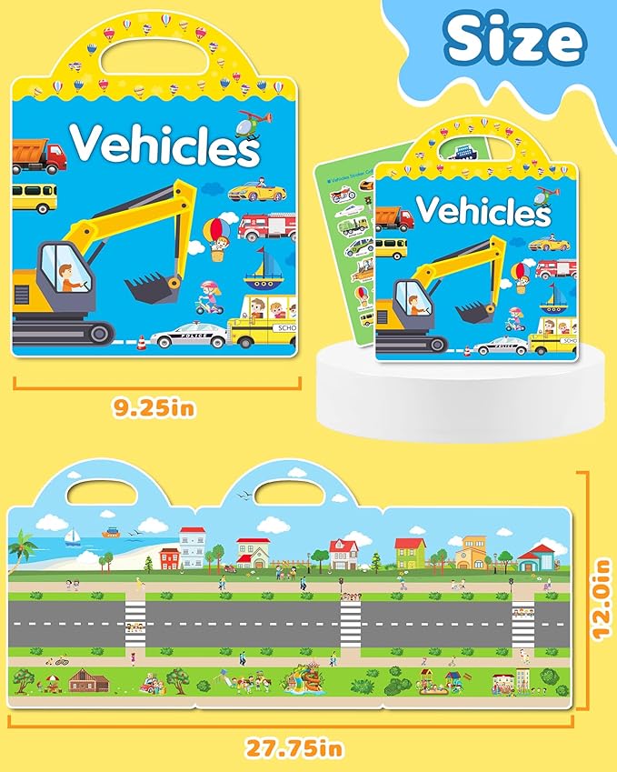 Benresive Reusable Sticker Book for Toddlers 2-4 Years, Fun Travel Stickers for Kids, Waterproof Sticker Books for Toddlers 1-3, Crafts Activities for Todddlers 1-3 2-4 3-5 - Vehicle-CubbioJoy