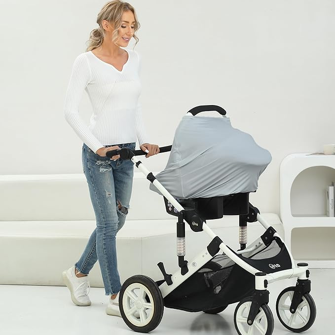 Breathable Car Seat Cover for Babies – Multi-Purpose Soft Rayon Nursing Cover for Breastfeeding, High Stretchy Infant Carseat Canopy, Stroller Cover (Smooth Rayon, Light Grey)-CubbioJoy