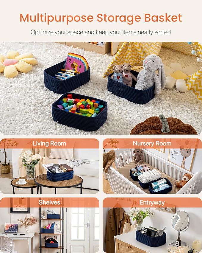KALLAX Small Woven Basket, 12 x 8 x 4.5 Inches, Storage Basket for Organizing, Cute Small Rope Shelf Closet Cube Storage Bins Baskets for Shelves, Dog Toy Gift Baskets Empty, 3 Packs, Navy Blue-CubbioJoy
