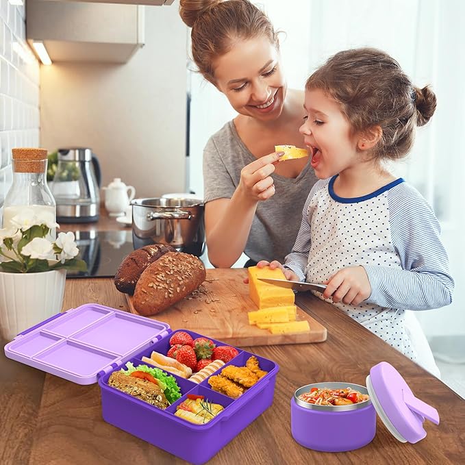 Bento Lunch Box with 8oz Soup Thermo, Kids Leakproof Lunch Food Containers with 4 Compartment, Kids Thermo Insulated Hot Food Jar for School, Trvael (Purple)-CubbioJoy
