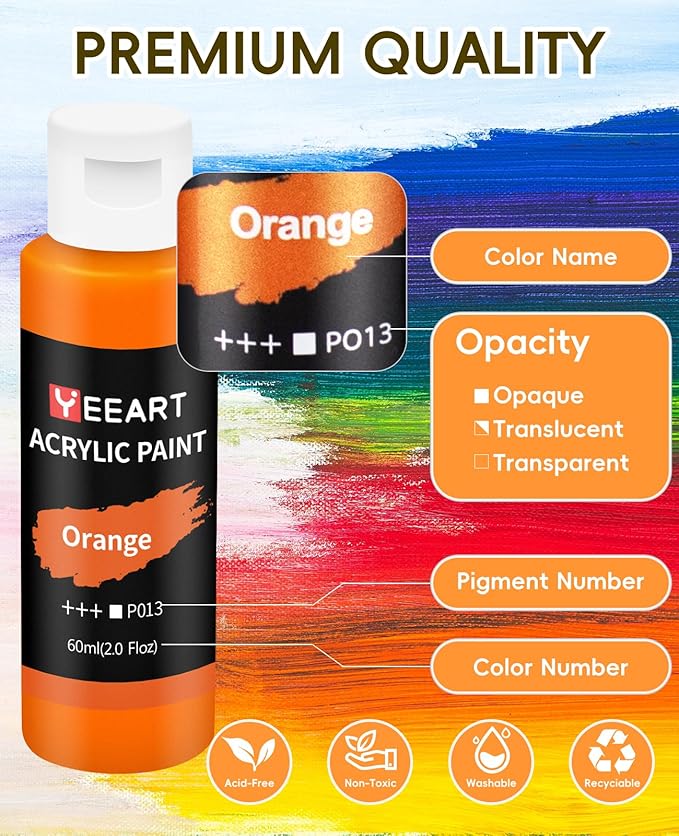 24 Colors Acrylic Paint Set, 2oz Bottles Classic Color, Rich Pigmented Canvas Paint Set, Premium Non-toxic Acrylic Paint for Artists, Kids & Adults, Art Supplies for Canvas Painting Rocks Wood Ceramic Model with 10 Brushes & Palette-CubbioJoy