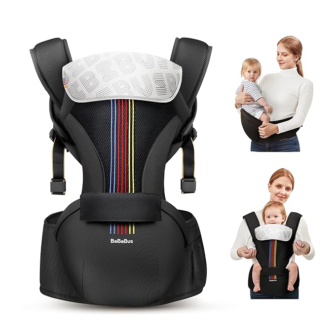 Baby Carrier with Hip Seat, BeBeBus 2-in-1 Ergonomic Newborn to Toddler Carrier up to 44 lbs, Detachable Hands-Free for Infant, All Season Forward-Facing Carry, Fits Waist Sizes up to 38 inch (Black)-CubbioJoy