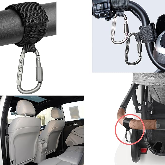 Baby Stroller Hook, Carry 30 lbs per Stroller Carabiner Clip, Adjustable Baby Stroller & Car Seat Hook for Hanging Diaper Bag, Wheelchair, Golf cart, Shopping and Pet Cart(2 Pcs Black)-CubbioJoy