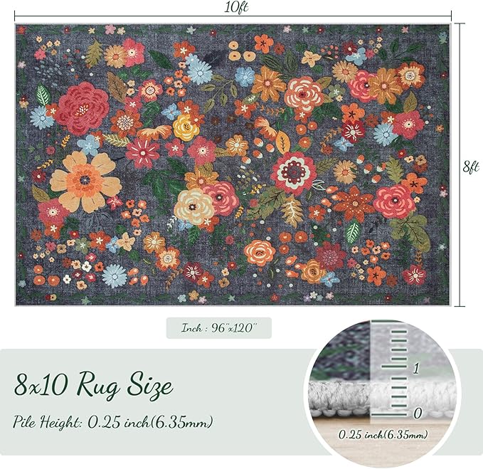 8x10 Area Rug for Living Room: Vintage Floral Washable Rug Soft Boho Non Slip Carpet Large Indoor Floor Non Shedding Low Pile Thin Carpets for Bedroom Dining Room Farmhouse Nursery Home Office Black-CubbioJoy