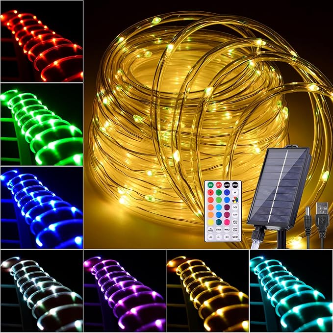 49FT Solar Rope Lights Outdoor Waterproof, 18 Colors Changing 150 LEDs Fairy String Lights USB & Solar Powered with Remote, Multicolor Tube Light for Outside Trampoline Yard Christmas Decor-CubbioJoy