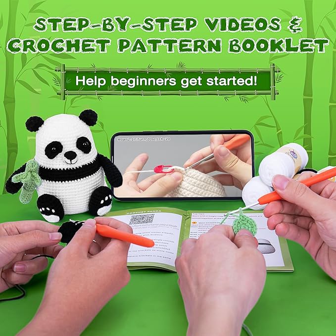 Crochetta Crochet Kit for Beginners, Crochet Kit w Step-by-Step Video Tutorials, Crochet Starter Kit Learn to Crochet Kits for Adults Kids Beginners, Crochet Kit Panda (40%+ Yarn Content)-CubbioJoy