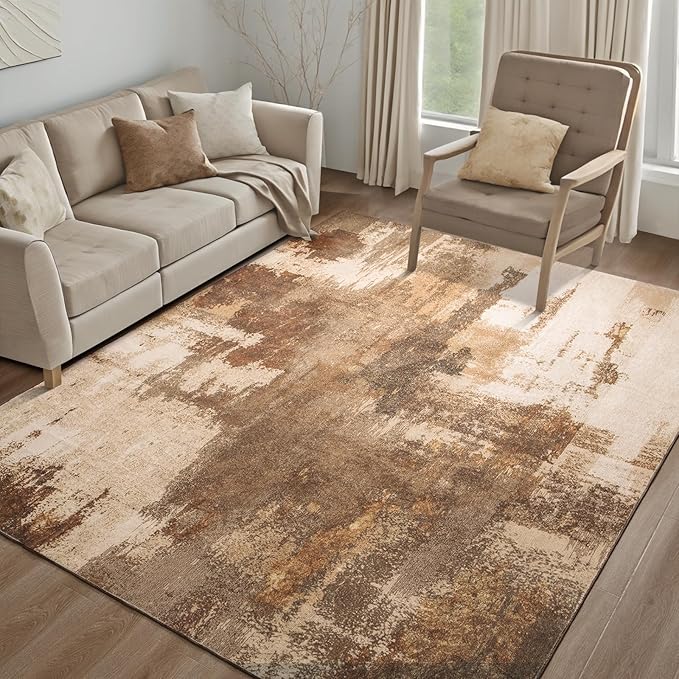 Kelarea Living Room Rug, 5x7 Rug Modern Abstract Washable Rugs Brown Foldable Faux Wool Vintage Carpets, Non Slip Rug for Bedroom, Dining Room, College Dorm, Kids Playroom, Home Office-CubbioJoy