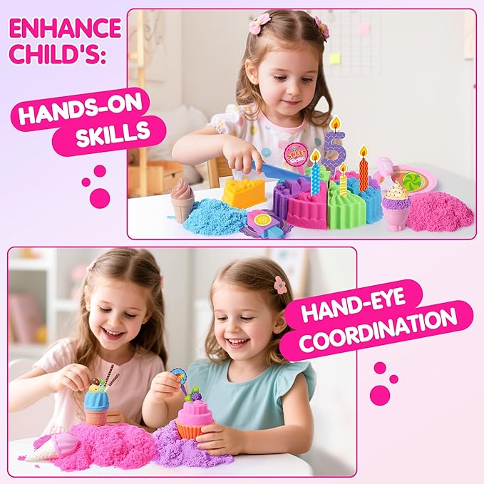 Cake & Ice Cream Sensory Bin Sand Toy, Sand Kit Sensory Toys w/lid and 4 Color Magic Sand 2.2lbs, Molds, Tools Set 43pcs Total for Toddlers, Fun Gift for Kids 3+-CubbioJoy