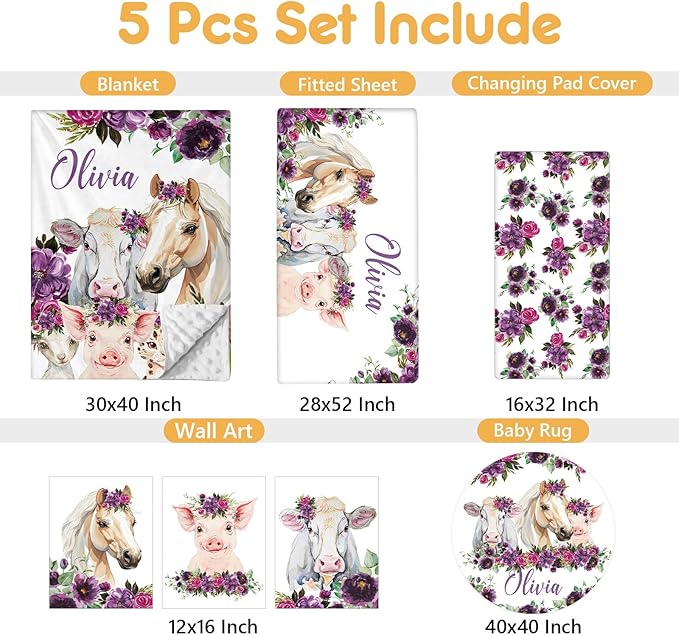 Custom Baby Crib Bedding Set, 5 Pcs Personalized Name Baby Crib Sets for Infant Toddler, Floral Horse Nursery Bedding Set for Baby Girls, Double Layer Baby Bedding Sets, Gifts for New Parents-CubbioJoy